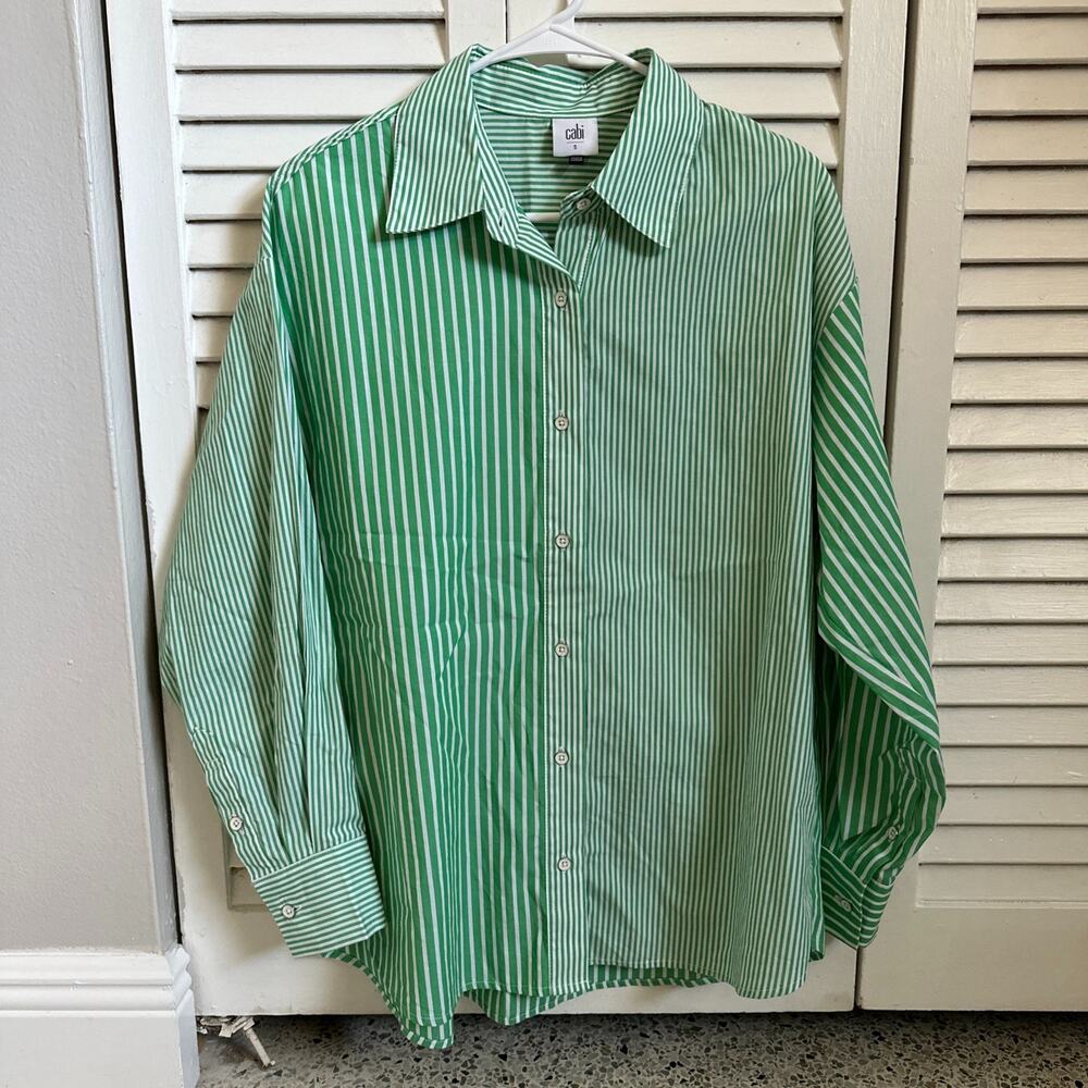 Cabi Dad Shirt Green White Striped Button Down Tunic Blouse Cotton Size S 6292